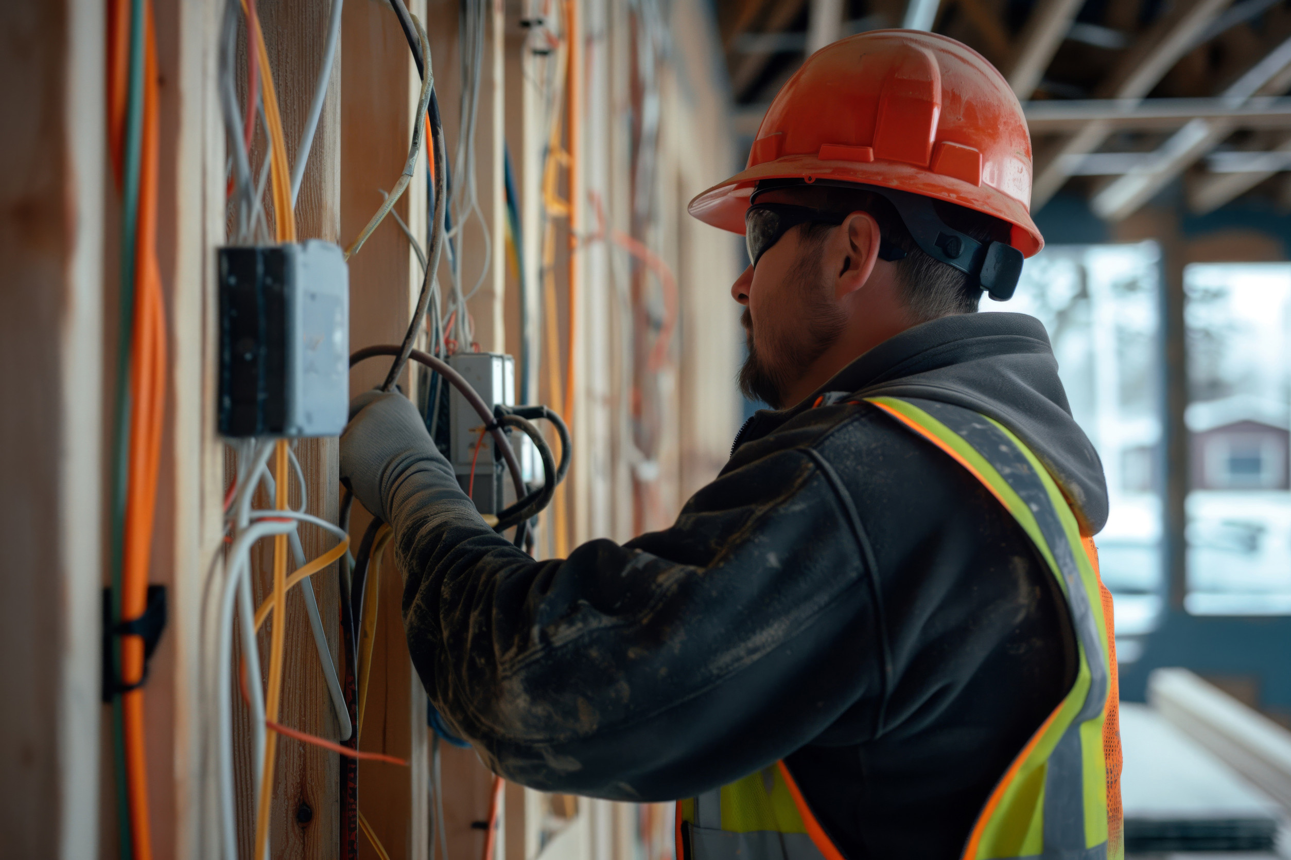 Electrician wiring unfinished building interior