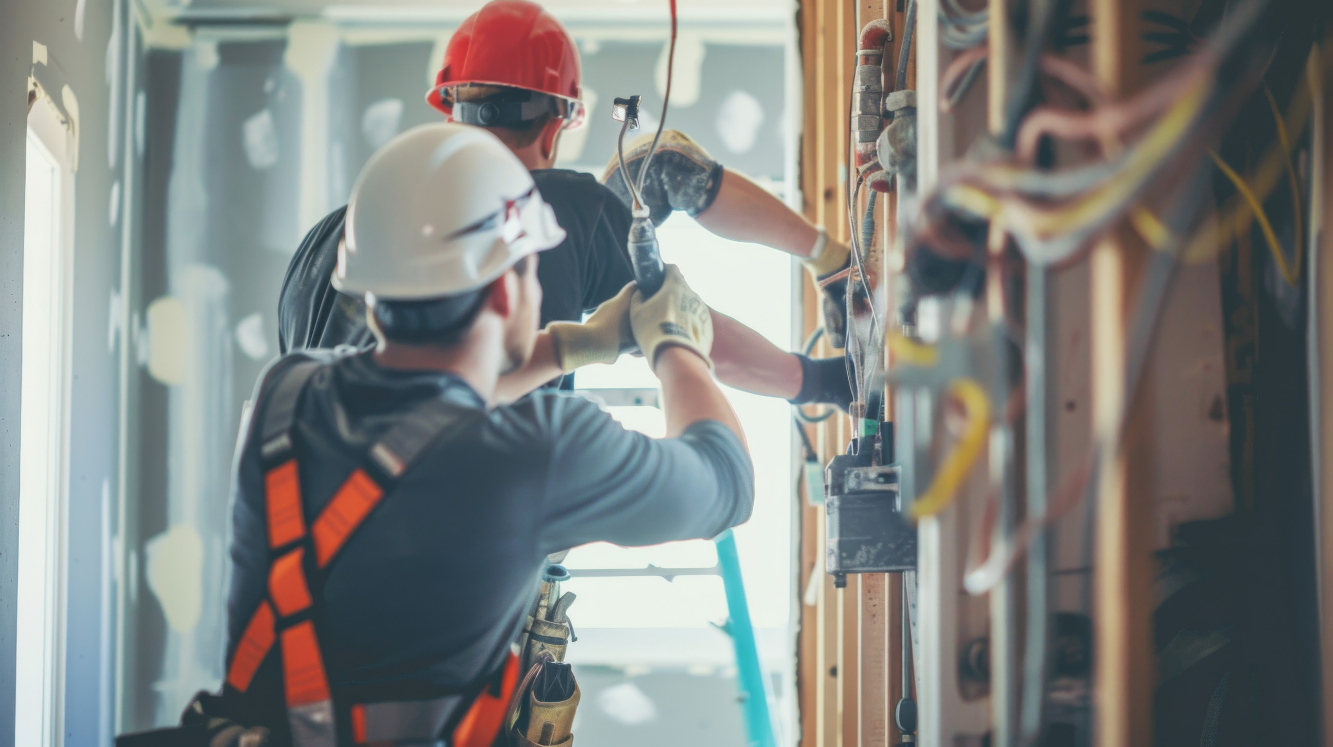 Construction workers wiring a building interior