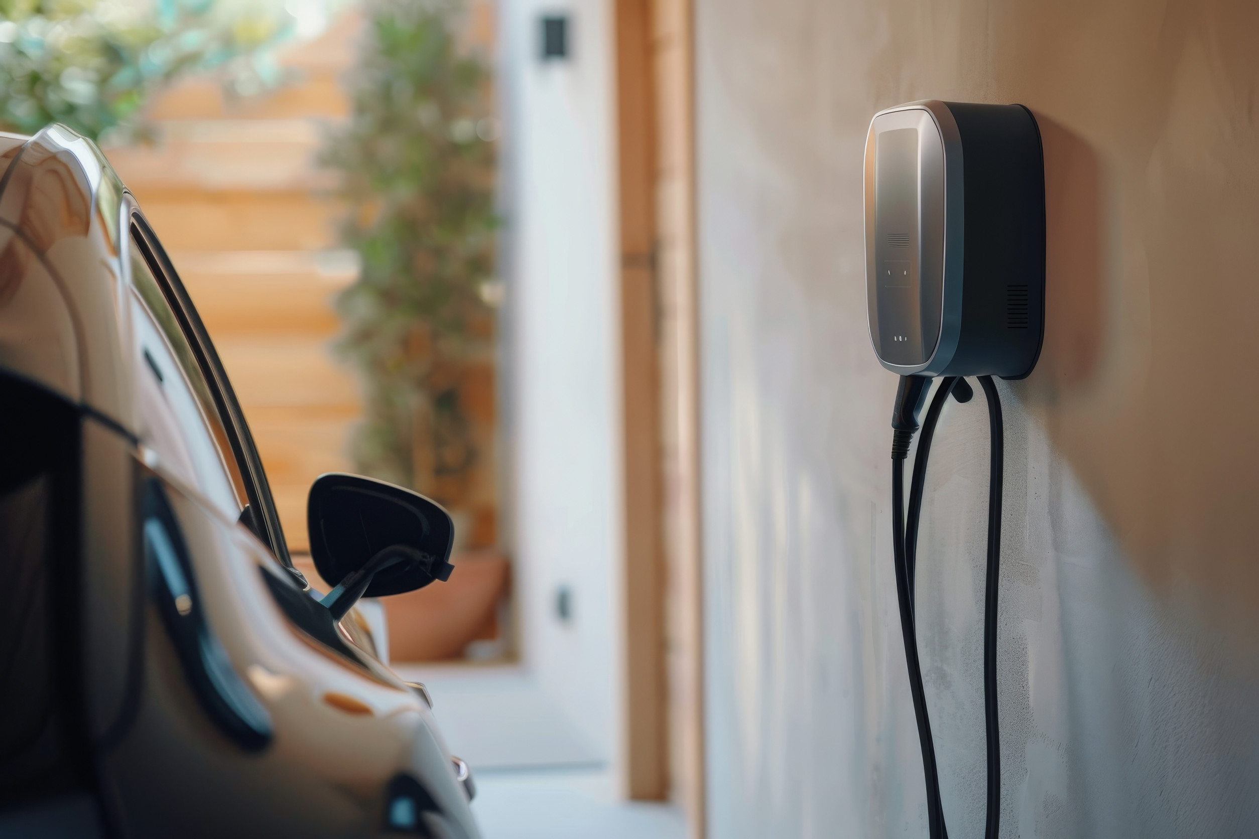 Electric car charging at home station.