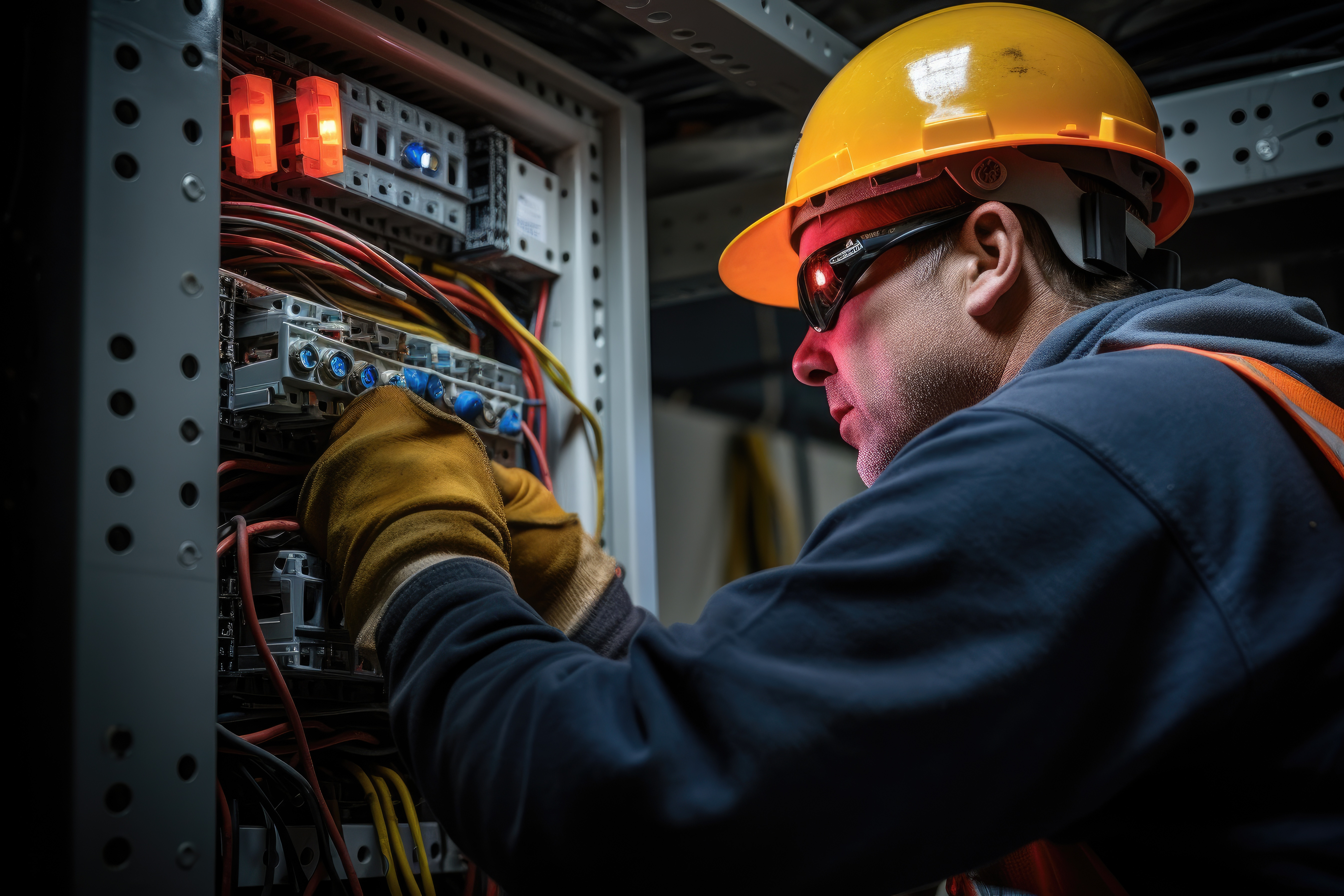 Electrician working on a circuit board panel